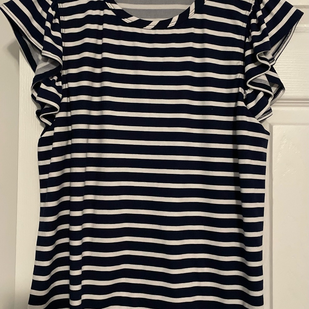 Blue and White Ruffled Flutter Sleeve Blouse